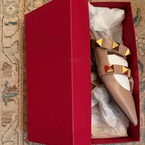 Valentino Rockstud Pointed Toe Mules in Nude with Gold Hardware